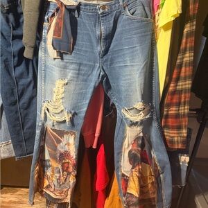 Upcycled Wrangler Blue Distressed bell bottom Jeans with Graphics